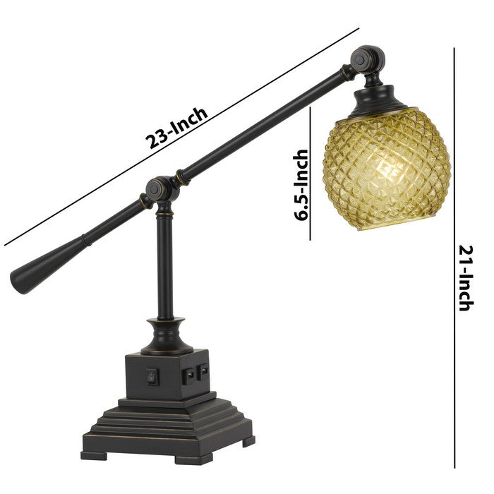 Glass Shade Metal Desk Lamp with 2 USB Outlets, Dark Bronze and Gold