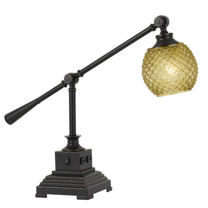 Glass Shade Metal Desk Lamp with 2 USB Outlets, Dark Bronze and Gold