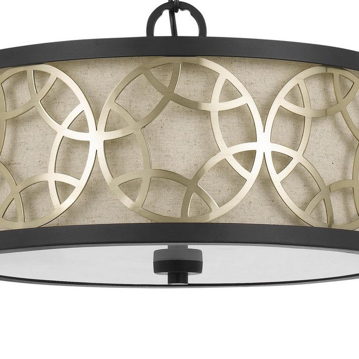 Cylindrical Drum Pendant Chandelier with Lattice Design, Black and Brass