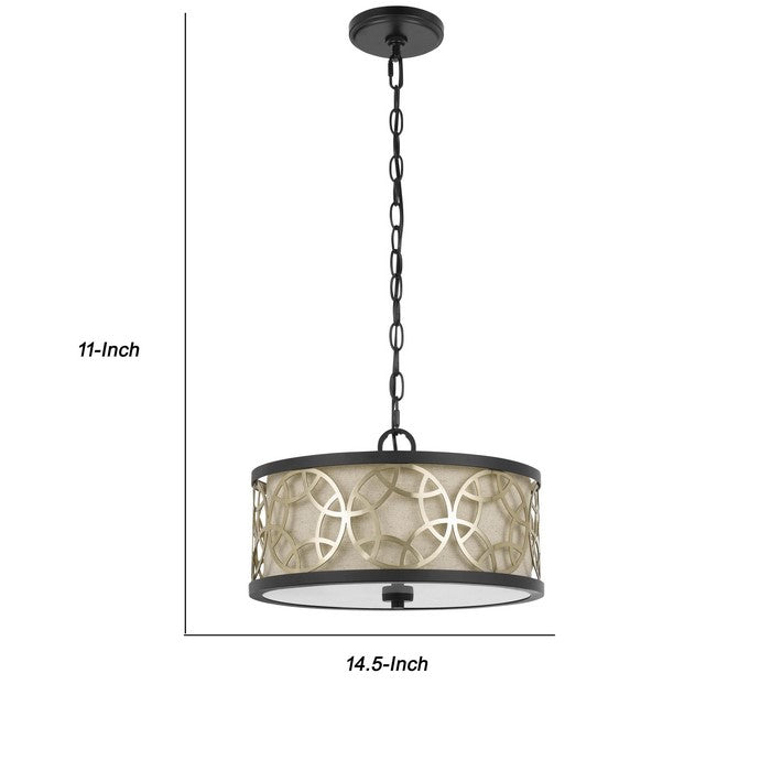 Cylindrical Drum Pendant Chandelier with Lattice Design, Black and Brass