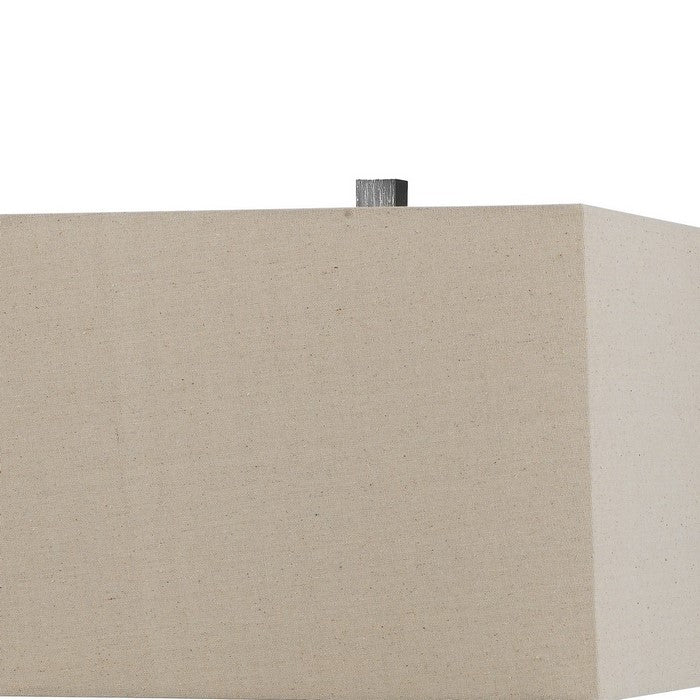 Metal Body Table Lamp with Tower Design and Fabric Shade, Gray and Beige