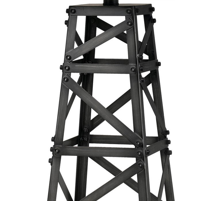 Metal Body Table Lamp with Tower Design and Fabric Shade, Gray and Beige