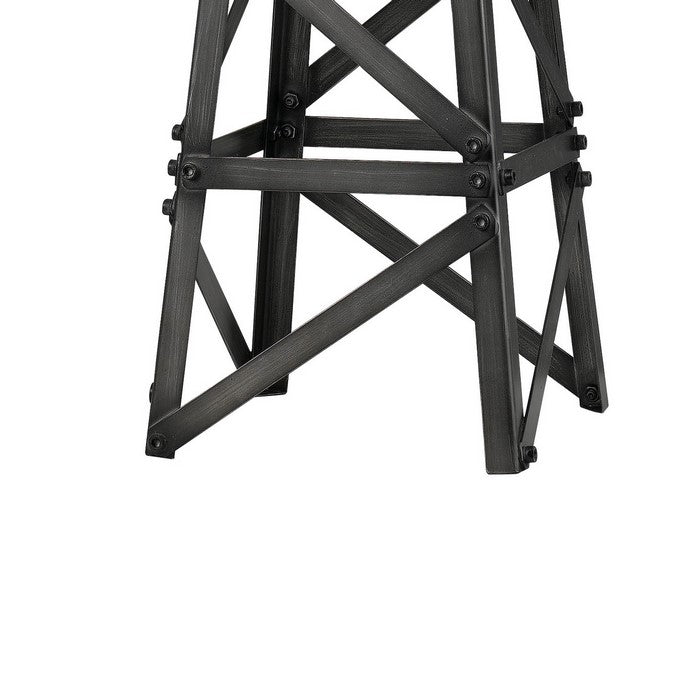 Metal Body Table Lamp with Tower Design and Fabric Shade, Gray and Beige