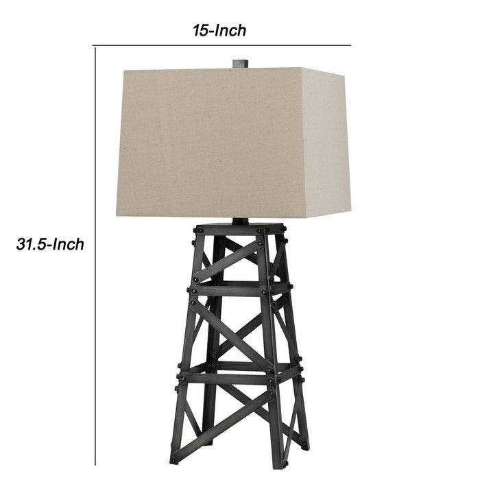Metal Body Table Lamp with Tower Design and Fabric Shade, Gray and Beige
