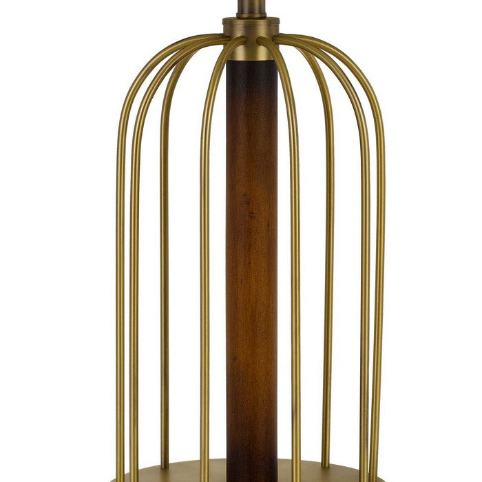 Metal Table Lamp with Cage Design Support with Round Base, White and Brass