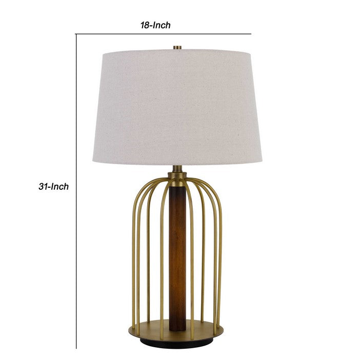 Metal Table Lamp with Cage Design Support with Round Base, White and Brass