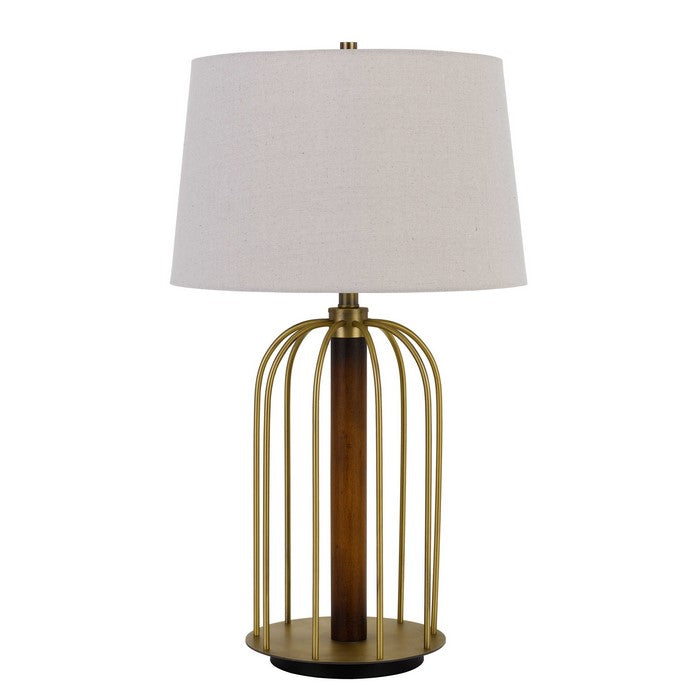 Metal Table Lamp with Cage Design Support with Round Base, White and Brass