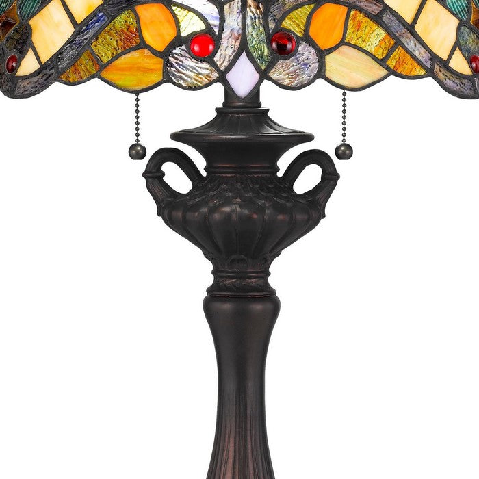 Polyresin Table Lamp with Glass Shade and Pull Chain Switch, Multicolor