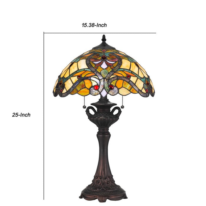 Polyresin Table Lamp with Glass Shade and Pull Chain Switch, Multicolor