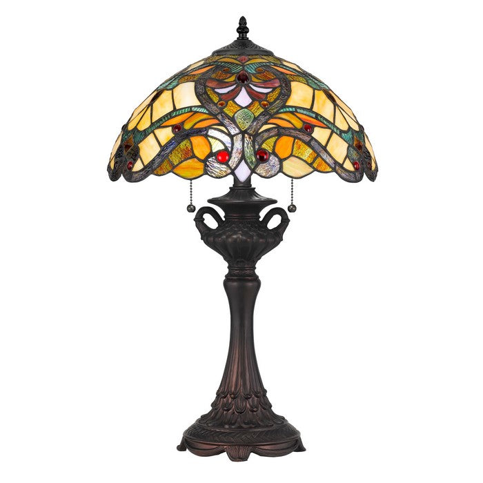 Polyresin Table Lamp with Glass Shade and Pull Chain Switch, Multicolor