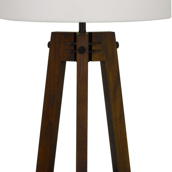 Drum Shade Table Lamp with Wooden Tripod Base, White and Brown
