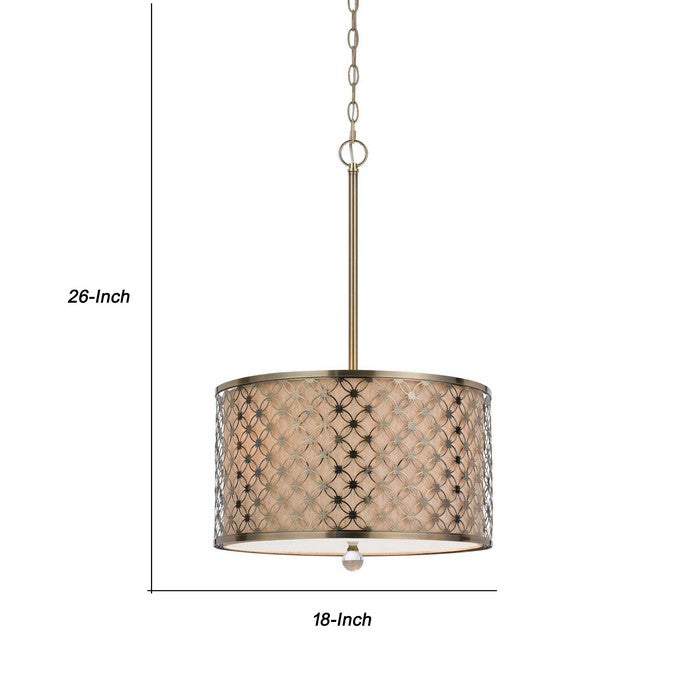 Drum Shade Pendant Lighting with Lattice Design, Antique Brass