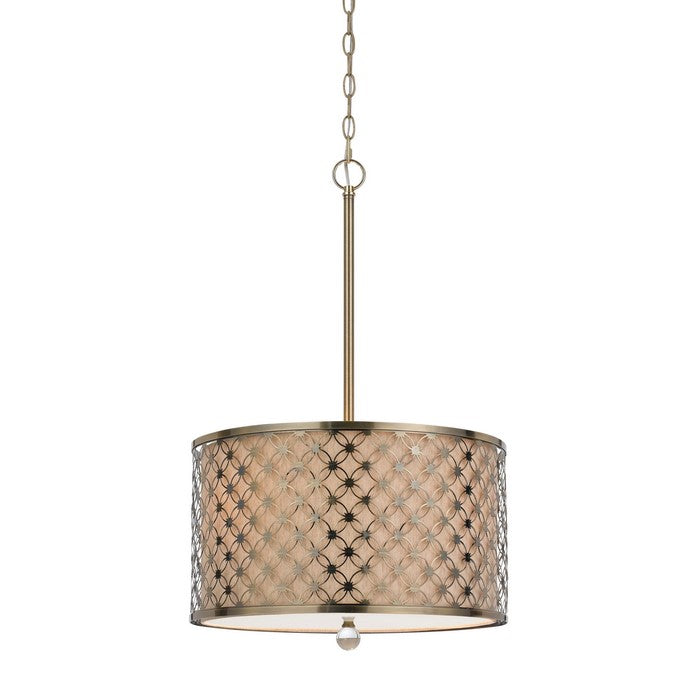 Drum Shade Pendant Lighting with Lattice Design, Antique Brass