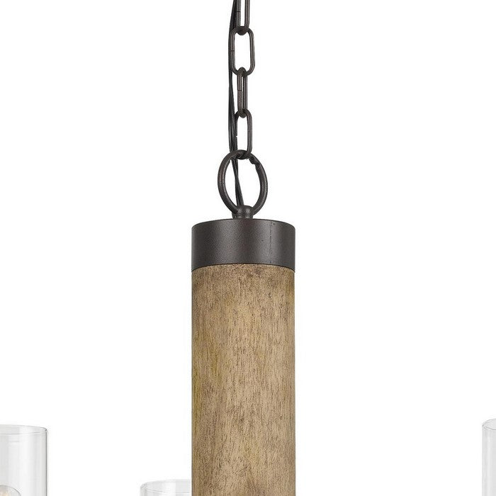 3 Glass Shade Metal and Wooden Chandelier with Chain, Black and Clear