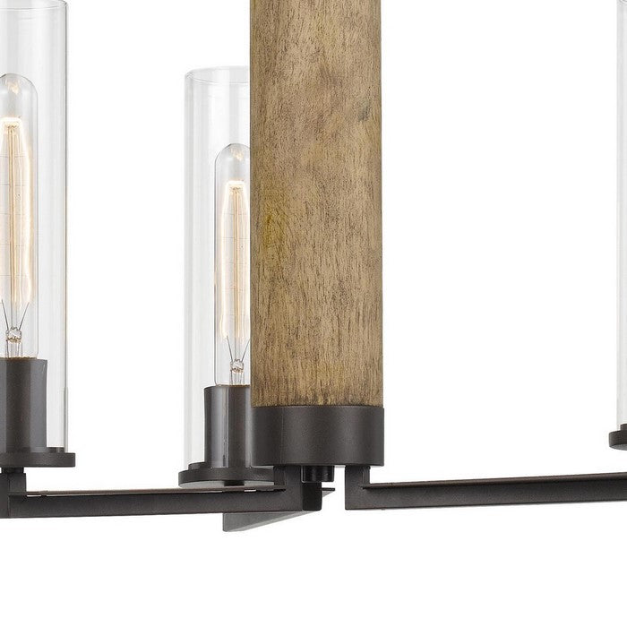 3 Glass Shade Metal and Wooden Chandelier with Chain, Black and Clear
