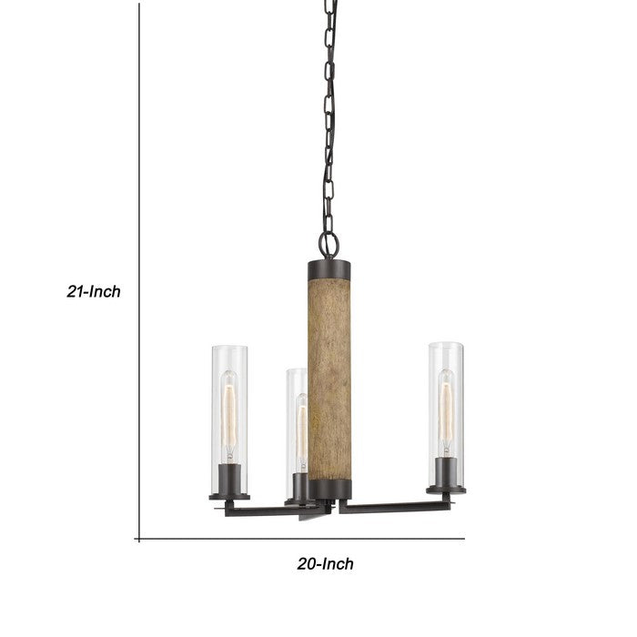 3 Glass Shade Metal and Wooden Chandelier with Chain, Black and Clear