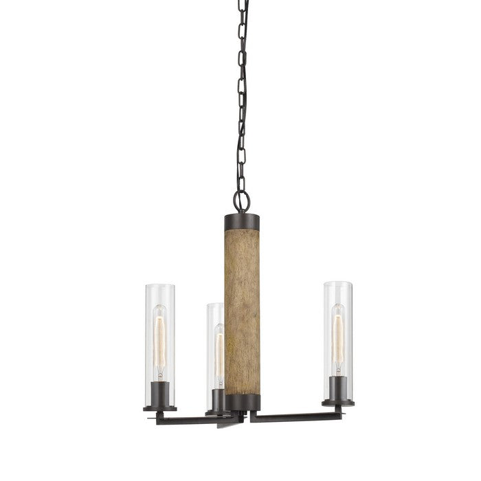 3 Glass Shade Metal and Wooden Chandelier with Chain, Black and Clear