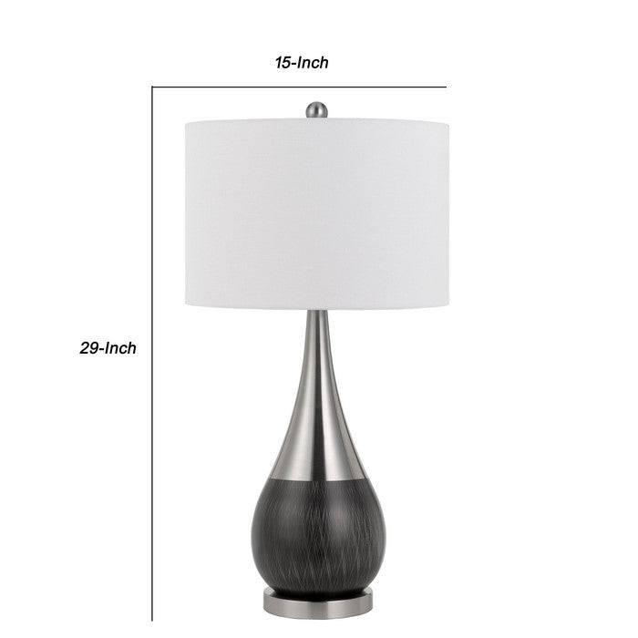 Dual Tone Metal Pot Bellied Table Lamp with Drum Shade, Set of 2, Silver