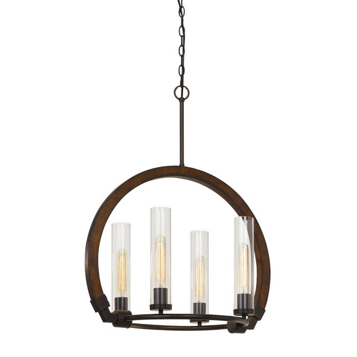 60 X 4 Watt Wood and Metal Chandelier with Glass Shade, Brown and Bronze