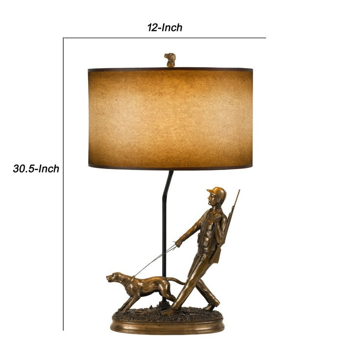 150 Watt Resin Lamp with Hunting Soldier and Dog Body, Bronze