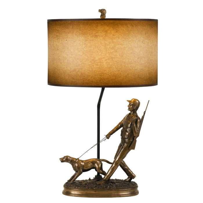 150 Watt Resin Lamp with Hunting Soldier and Dog Body, Bronze