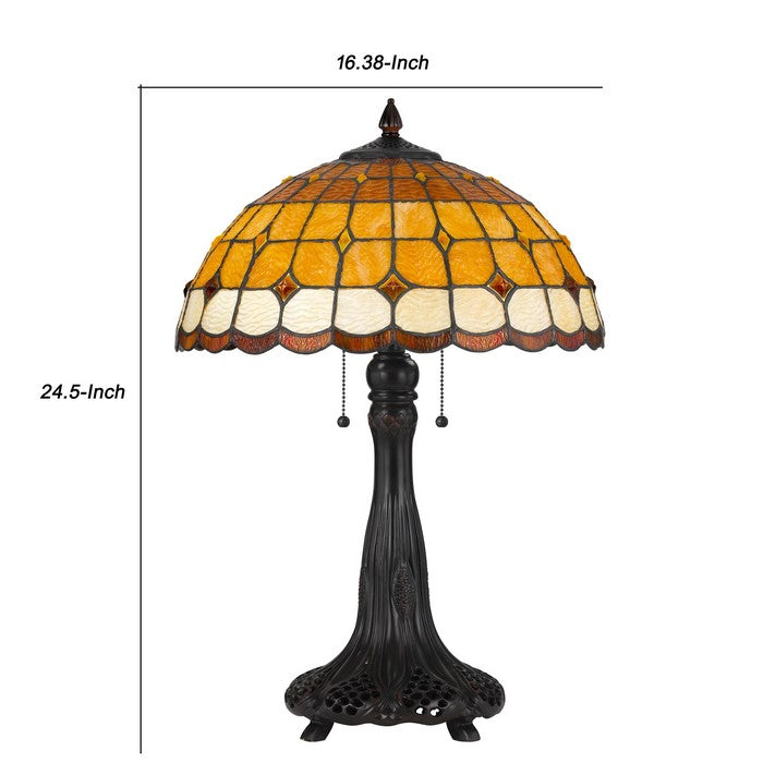 Polyresin Table Lamp with Glass Shade and Pull Chain Switch, Bronze