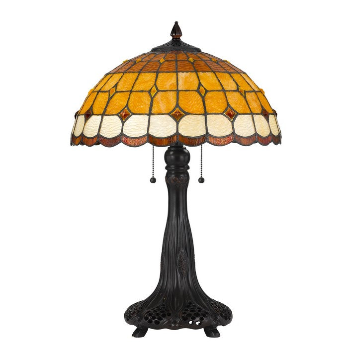 Polyresin Table Lamp with Glass Shade and Pull Chain Switch, Bronze