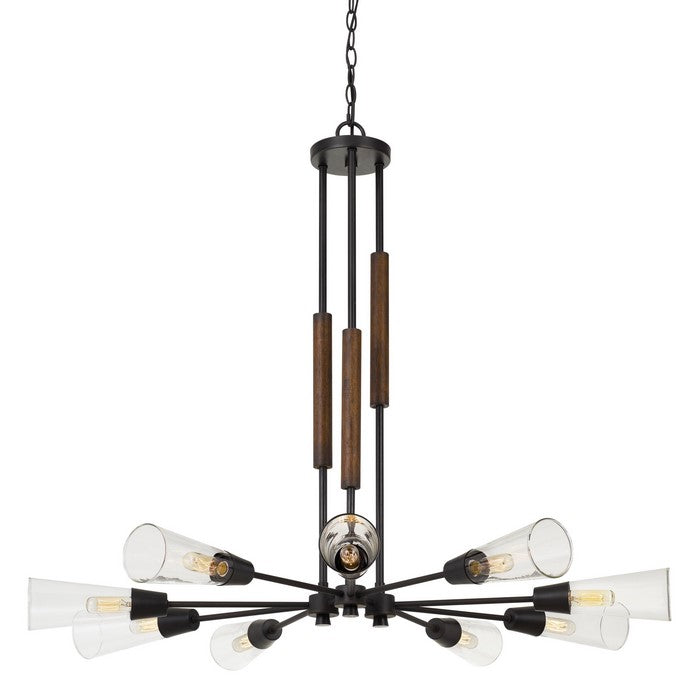 Metal Chandelier with Spoke Design Glass Shade and Wooden Accent, Black