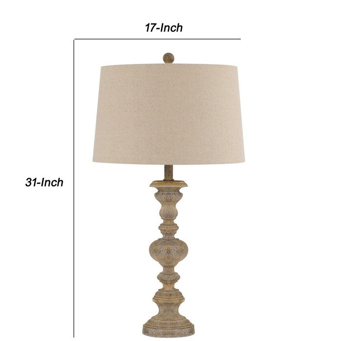 Resin Table Lamp with Turned Pedestal Body and Fabric Shade, Set of 2,Beige