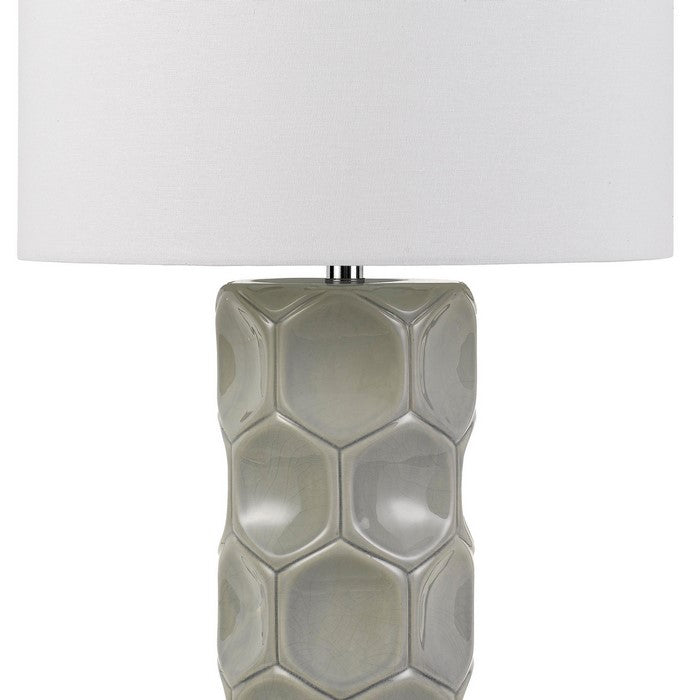 150 Watt Textured Ceramic Frame Table Lamp with Fabric Shade, White and Gray
