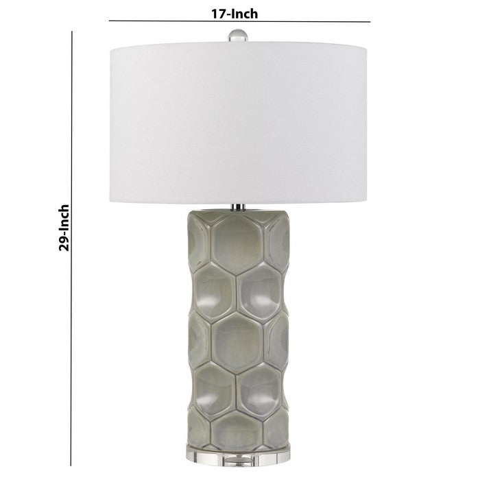 150 Watt Textured Ceramic Frame Table Lamp with Fabric Shade, White and Gray