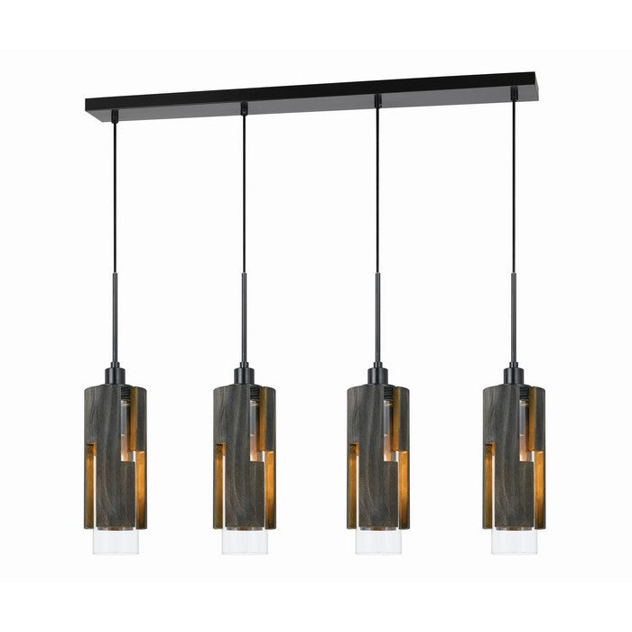 4 Light Metal Frame Pendant Fixture with Wooden and Glass Shades, Gray