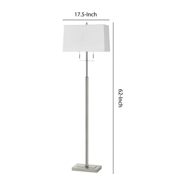 Fabric Floor Lamp with Tubular Stand and Rectangular Base, White and Chrome