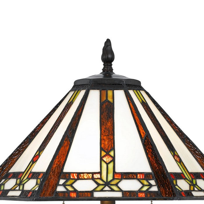 Tiffany Table Lamp with 2 Pull Switches and Resin Pedestal Body, Bronze
