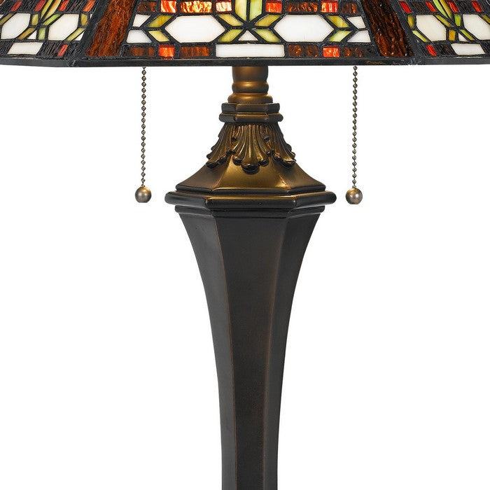 Tiffany Table Lamp with 2 Pull Switches and Resin Pedestal Body, Bronze