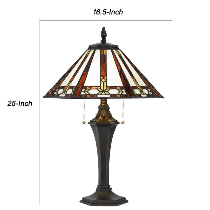 Tiffany Table Lamp with 2 Pull Switches and Resin Pedestal Body, Bronze