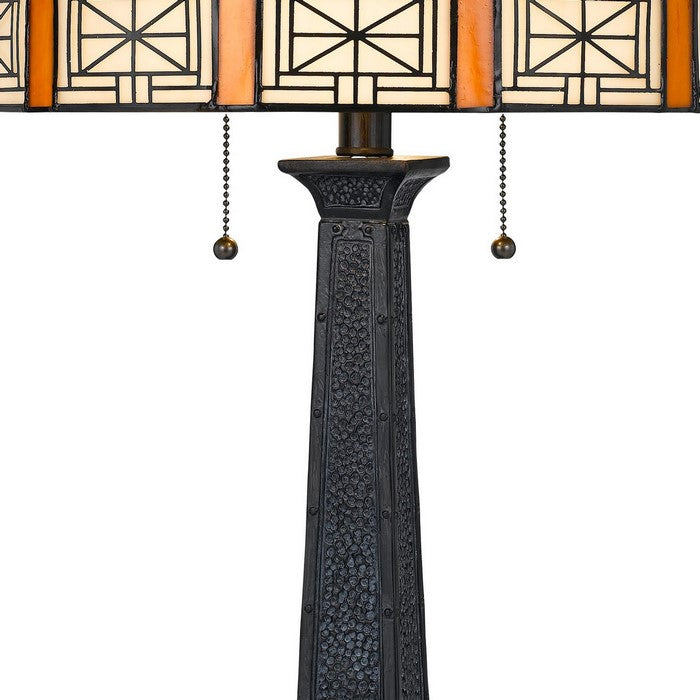 Tiffany Table Lamp with 2 Pull Switches and Resin Pedestal Body, Gray