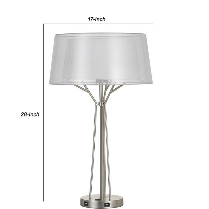 Sleek Metal Body Table Lamp with Two Tier Translucent Shade, Silver