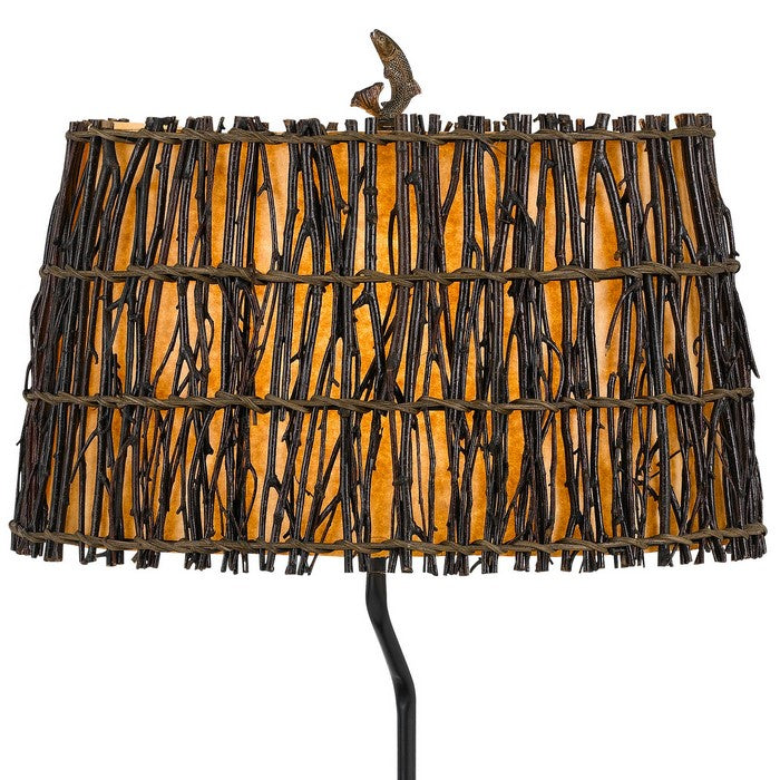 150W 3 Way Bear Canoe Table Lamp with Oval Wicker Shade, Antique Bronze