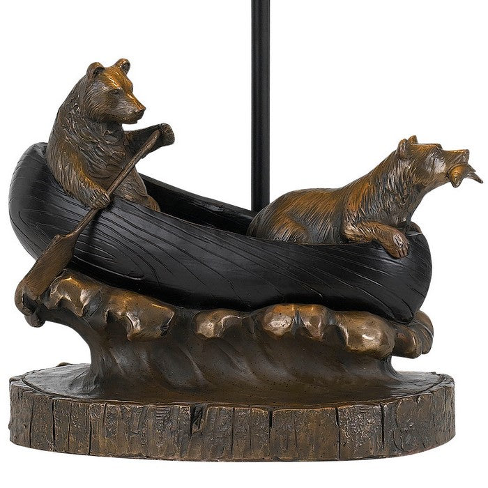 150W 3 Way Bear Canoe Table Lamp with Oval Wicker Shade, Antique Bronze
