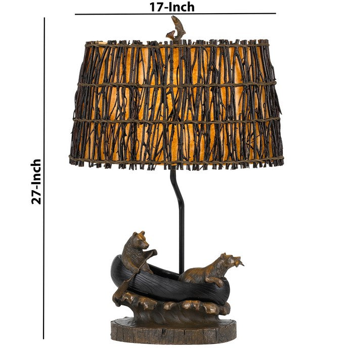 150W 3 Way Bear Canoe Table Lamp with Oval Wicker Shade, Antique Bronze