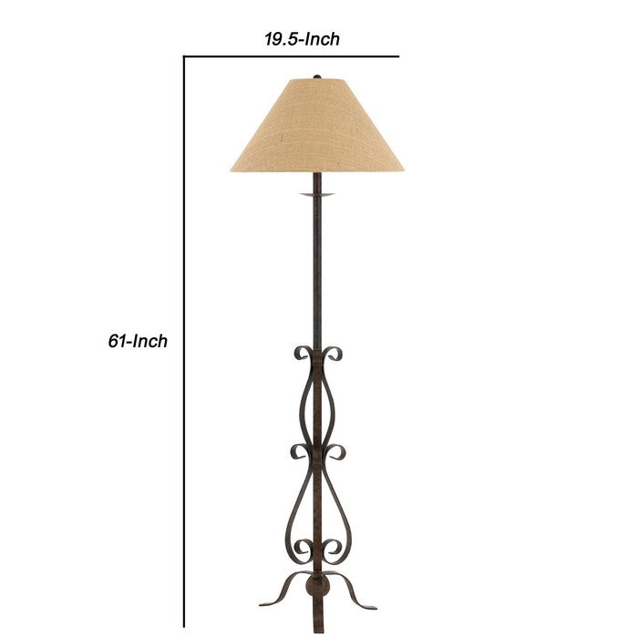Metal Floor Lamp with Scroll Design Base, Beige and Rustic Bronze