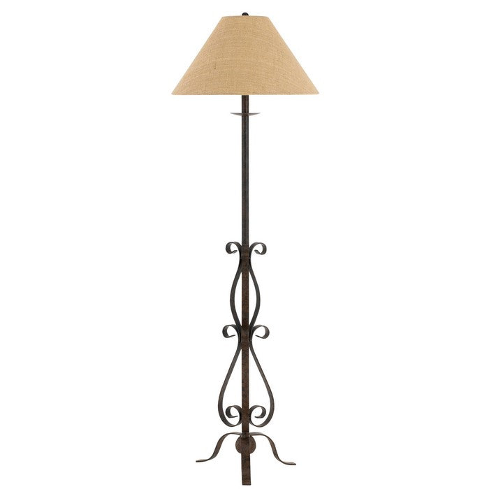 Metal Floor Lamp with Scroll Design Base, Beige and Rustic Bronze