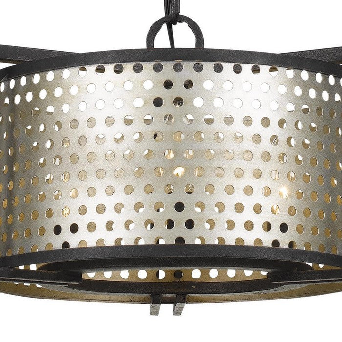 3 Bulb Hanging Pendant Chandelier with Round Perforated Metal Frame, Gray