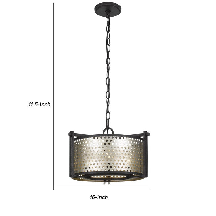 3 Bulb Hanging Pendant Chandelier with Round Perforated Metal Frame, Gray