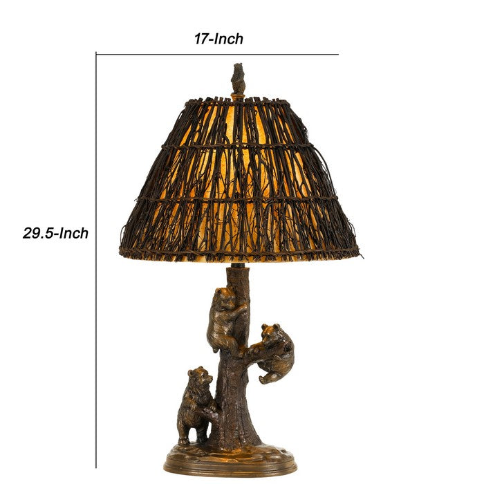 150 Watt Resin Body Table Lamp with Bear Design and Twig Shade, Bronze
