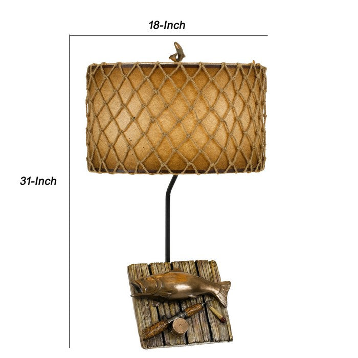 Fishing Theme Resin Table Lamp with Net Accent Paper Drum Shade, Beige