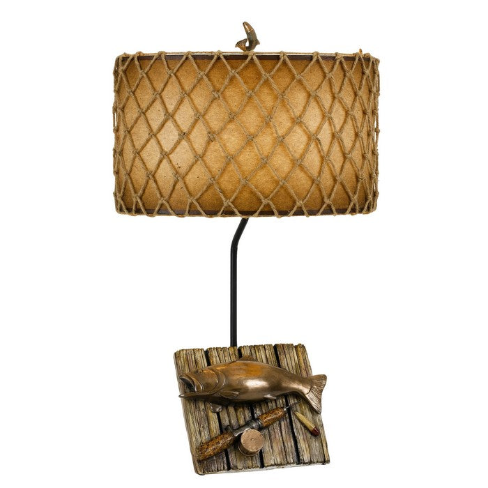Fishing Theme Resin Table Lamp with Net Accent Paper Drum Shade, Beige