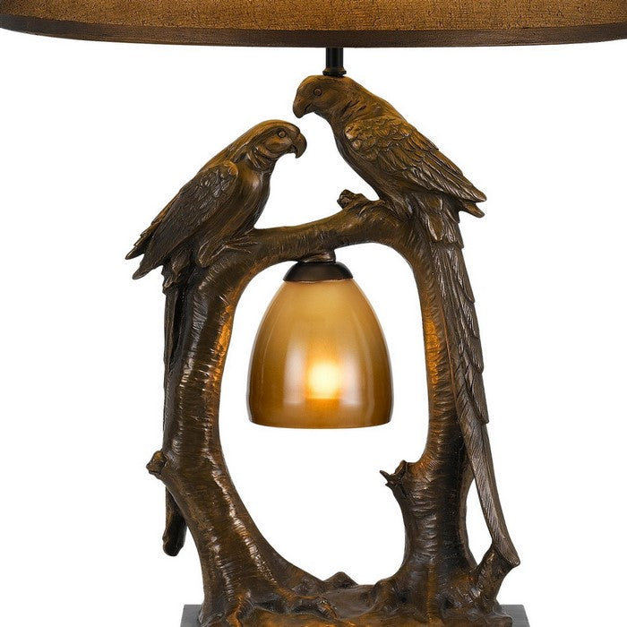 Paper Shade Table Lamp with Birds and Branches Base, Antique Bronze