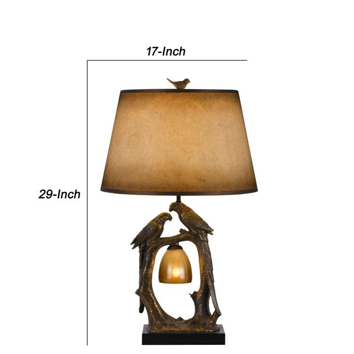 Paper Shade Table Lamp with Birds and Branches Base, Antique Bronze